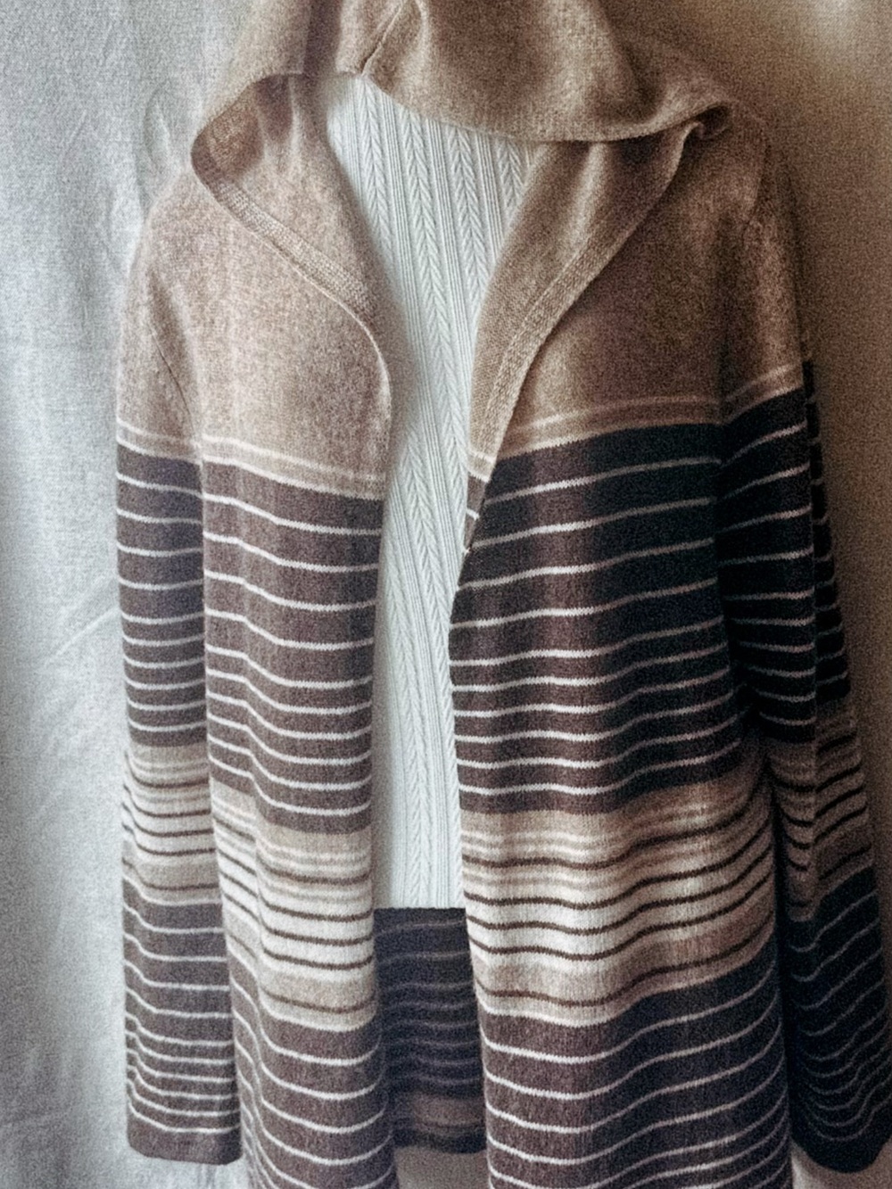 Laundry By Shelli Segal Brown and Cream Striped Hooded Open-Front Cardigan